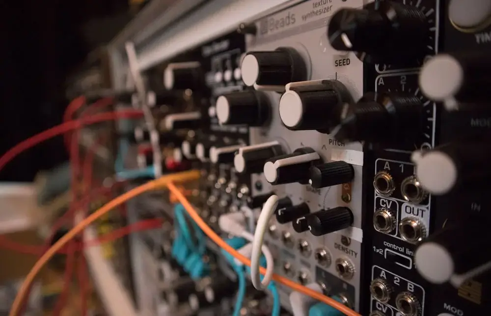 close up of modular syth rack